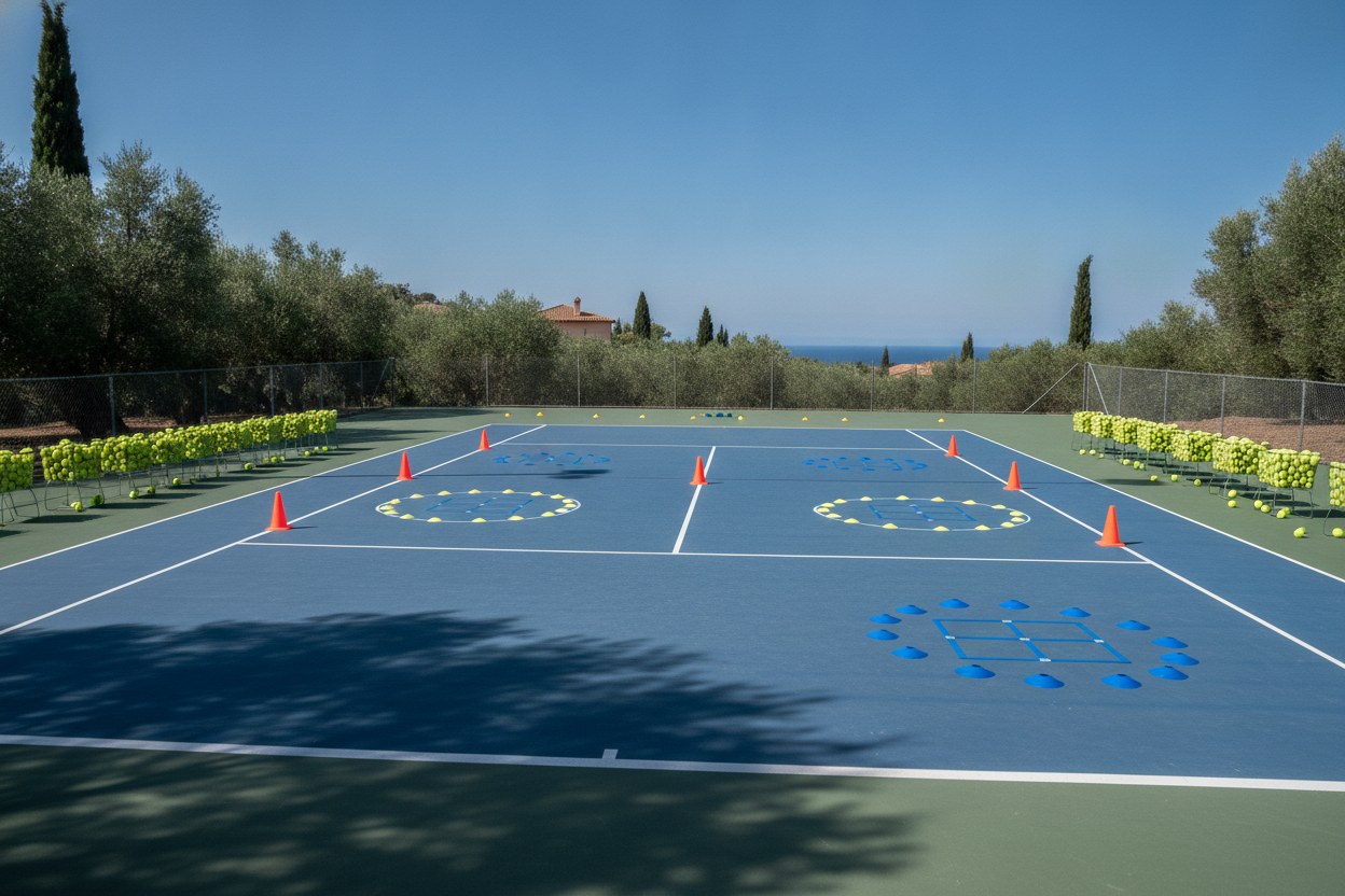 Yaz tenis kampı kort üzerinde antrenman düzeni